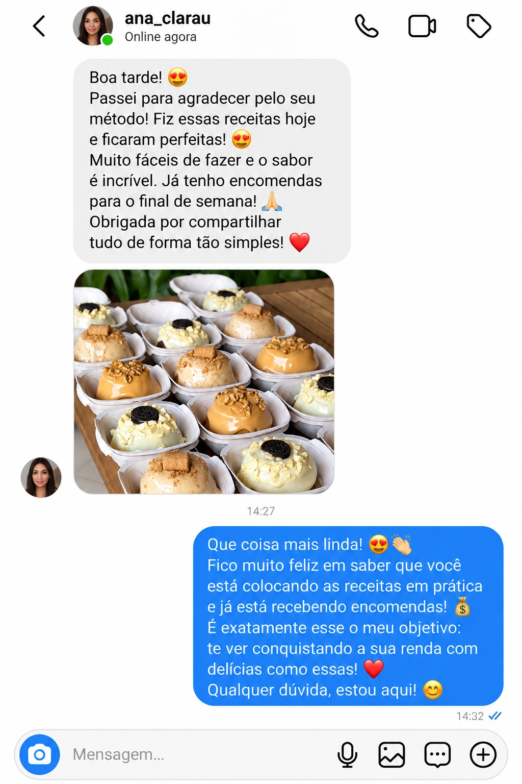 Print de mensagem de ana_clarau agradecendo as receitas e mostrando mini caseirinhos preparados.