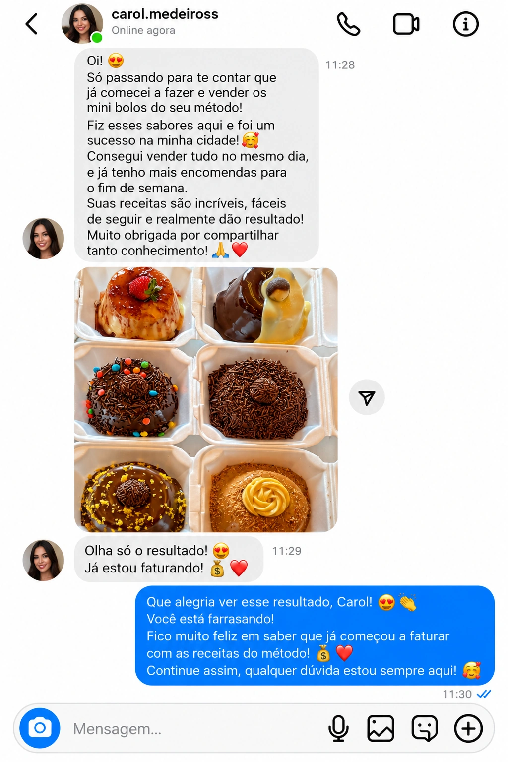 Print de mensagem de carol.medeiross compartilhando sua experiência com as receitas e fotos de mini caseirinhos.