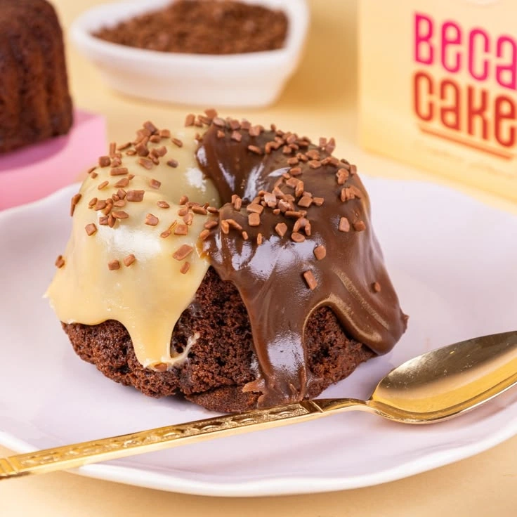 Mini bolo de chocolate com cobertura clara e cobertura de chocolate lado a lado